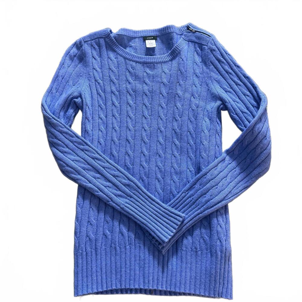 J CREW Wms Wool Blend Periwinkle Cable Knit Sweater SZ Sm Zipper Shoulder Preppy
